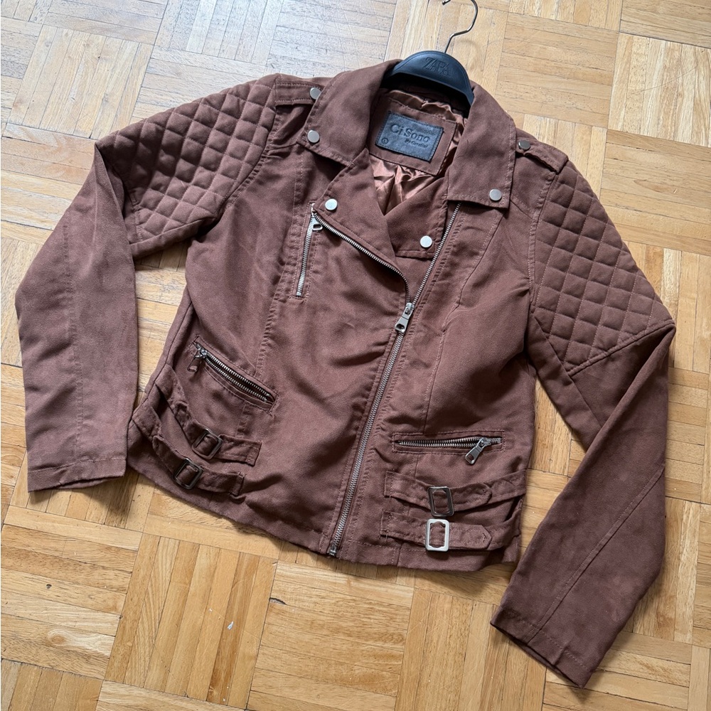 Brown Suede Quilted Biker Jacket